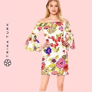 🆕 Trina Turk NWOT Floral Lace Off the Shoulder Sheath Cocktail Midi Party Sz 2